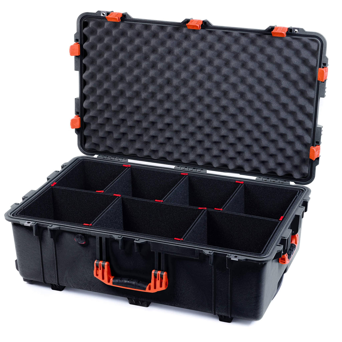 Pelican 1650 Case, Black with Orange Handles &amp; Latches TrekPak Divider System with Convoluted Lid Foam ColorCase 016500-0020-110-150