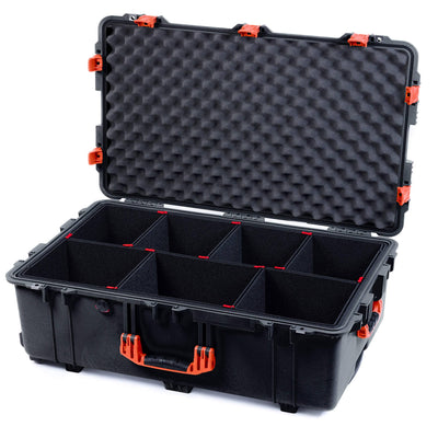 Pelican 1650 Case, Black with Orange Handles & Push-Button Latches TrekPak Divider System with Convoluted Lid Foam ColorCase 016500-0020-110-151