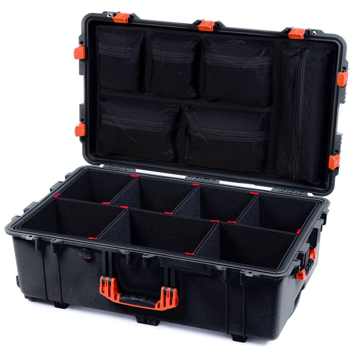 Pelican 1650 Case, Black with Orange Handles &amp; Latches TrekPak Divider System with Mesh Lid Organizer ColorCase 016500-0120-110-150