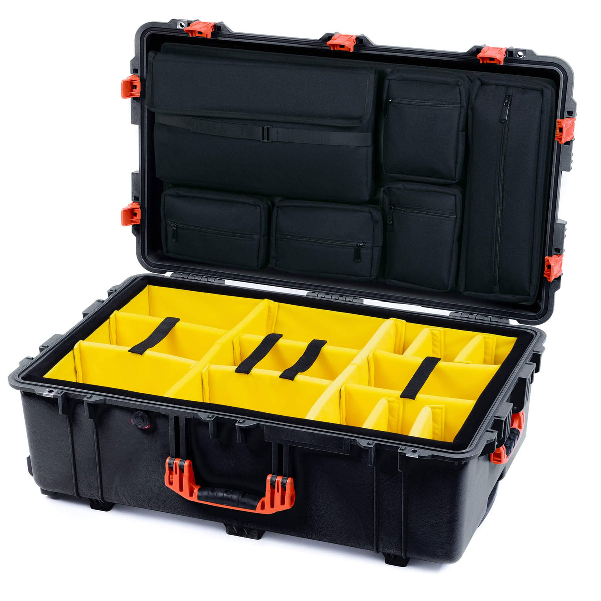 Pelican 1650 Case, Black with Orange Handles &amp; Push-Button Latches Yellow Padded Microfiber Dividers with Laptop Computer Lid Pouch ColorCase 016500-0210-110-151