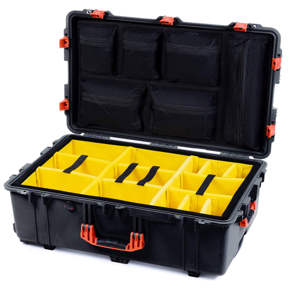 Pelican 1650 Case, Black with Orange Handles &amp; Push-Button Latches Yellow Padded Microfiber Dividers with Mesh Lid Organizer ColorCase 016500-0110-110-151