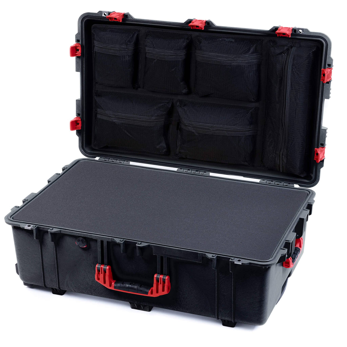 Pelican 1650 Case, Black with Red Handles &amp; Push-Button Latches Pick &amp; Pluck Foam with Mesh Lid Organizer ColorCase 016500-0101-110-321