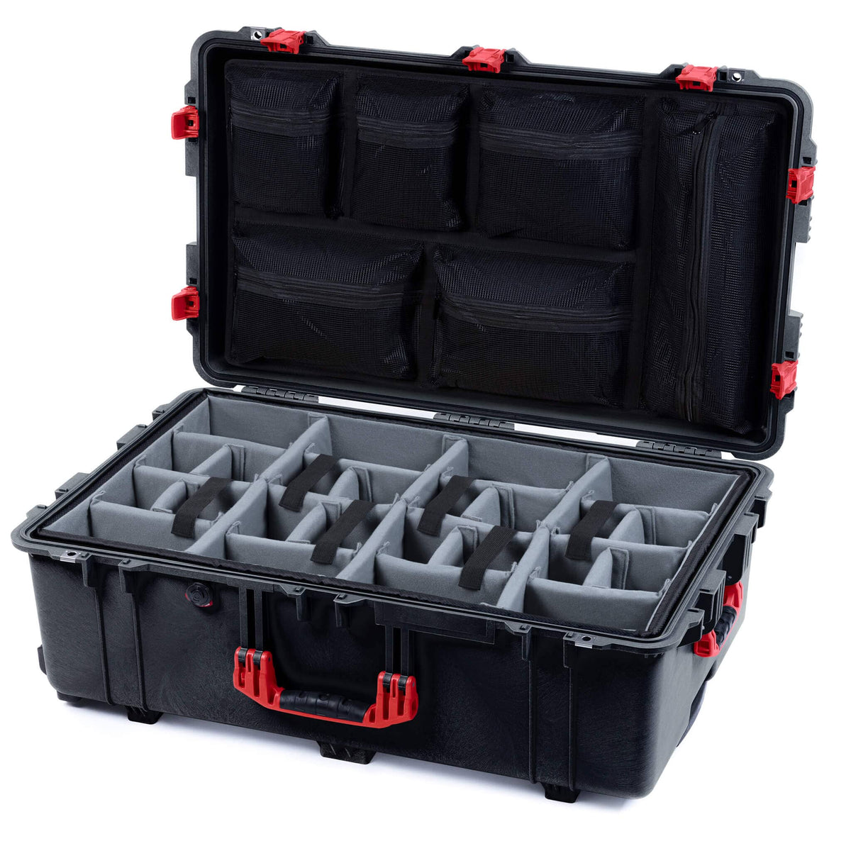 Pelican 1650 Case, Black with Red Handles &amp; Push-Button Latches Gray Padded Microfiber Dividers with Mesh Lid Organizer ColorCase 016500-0170-110-321