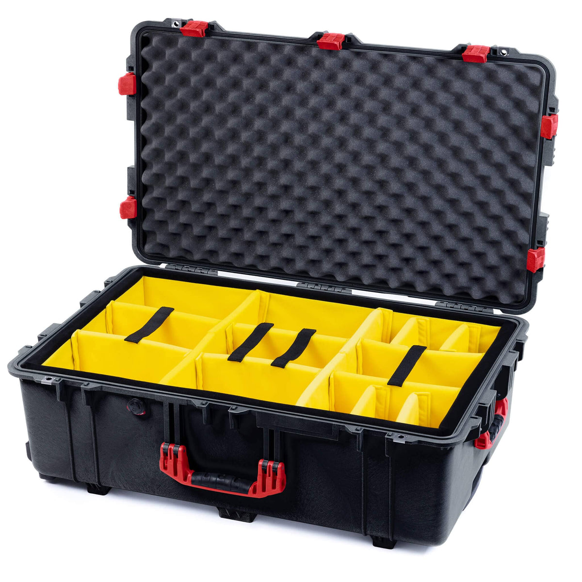 Pelican 1650 Case, Black with Red Handles &amp; Latches Yellow Padded Microfiber Dividers with Convoluted Lid Foam ColorCase 016500-0010-110-320