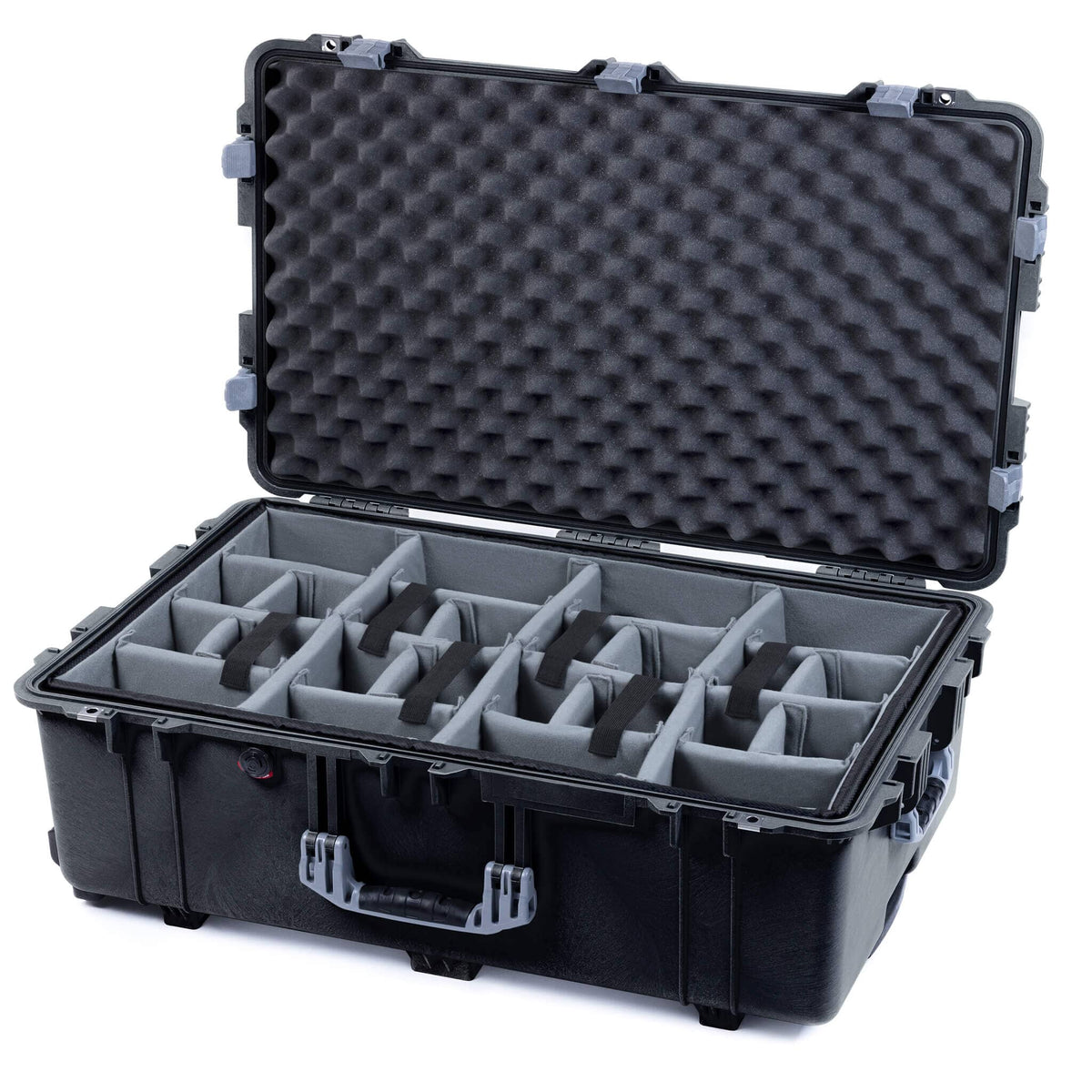 Pelican 1650 Case, Black with Silver Handles &amp; Latches Gray Padded Microfiber Dividers with Convoluted Lid Foam ColorCase 016500-0070-110-180