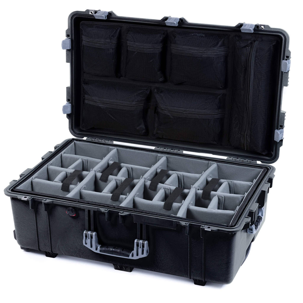 Pelican 1650 Case, Black with Silver Handles &amp; Latches Gray Padded Microfiber Dividers with Mesh Lid Organizer ColorCase 016500-0170-110-180