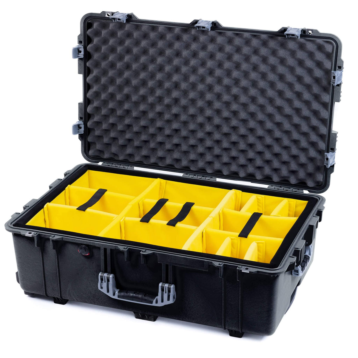 Pelican 1650 Case, Black with Silver Handles &amp; Push-Button Latches Yellow Padded Microfiber Dividers with Convoluted Lid Foam ColorCase 016500-0010-110-181