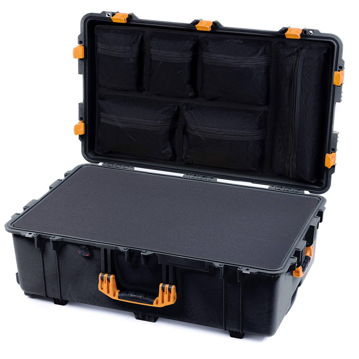 Pelican 1650 Case, Black with Yellow Handles &amp; Latches Pick &amp; Pluck Foam with Mesh Lid Organizer ColorCase 016500-0101-110-240
