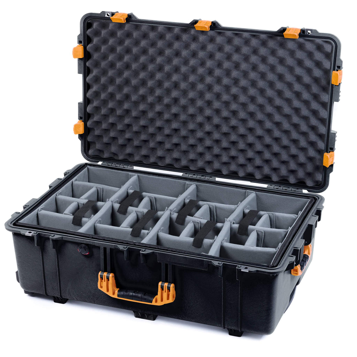 Pelican 1650 Case, Black with Yellow Handles &amp; Latches Gray Padded Microfiber Dividers with Convoluted Lid Foam ColorCase 016500-0070-110-240