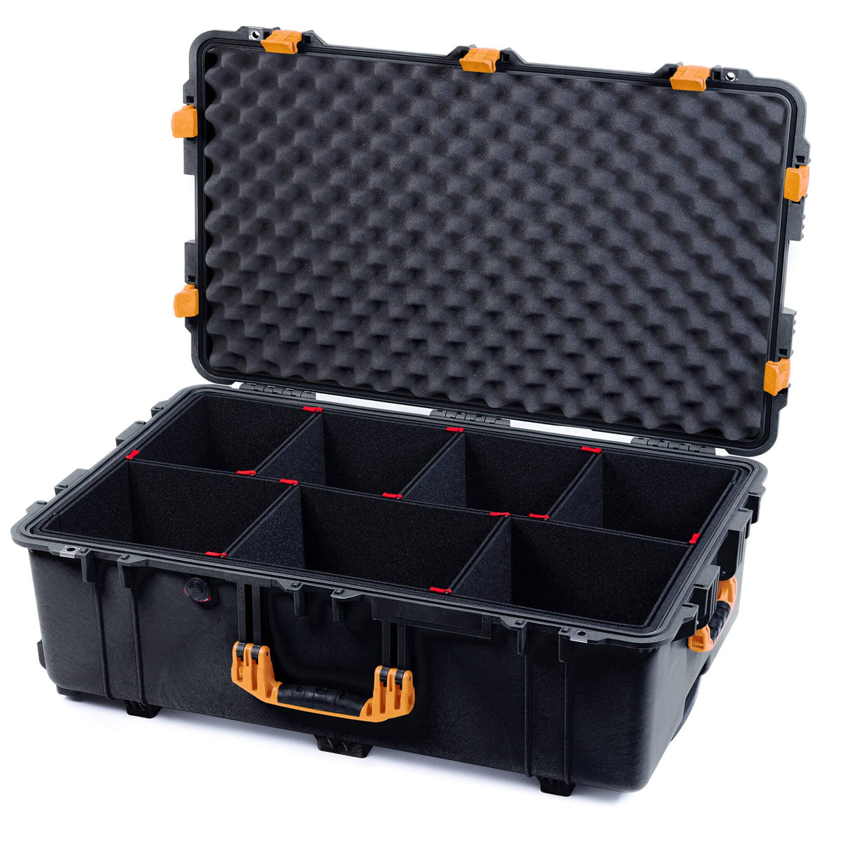 Pelican 1650 Case, Black with Yellow Handles &amp; Latches TrekPak Divider System with Convoluted Lid Foam ColorCase 016500-0020-110-240