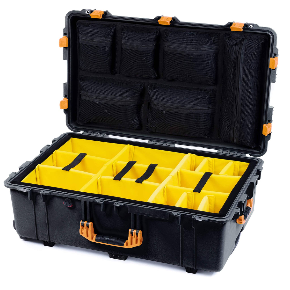 Pelican 1650 Case, Black with Yellow Handles &amp; Latches Yellow Padded Microfiber Dividers with Mesh Lid Organizer ColorCase 016500-0110-110-240