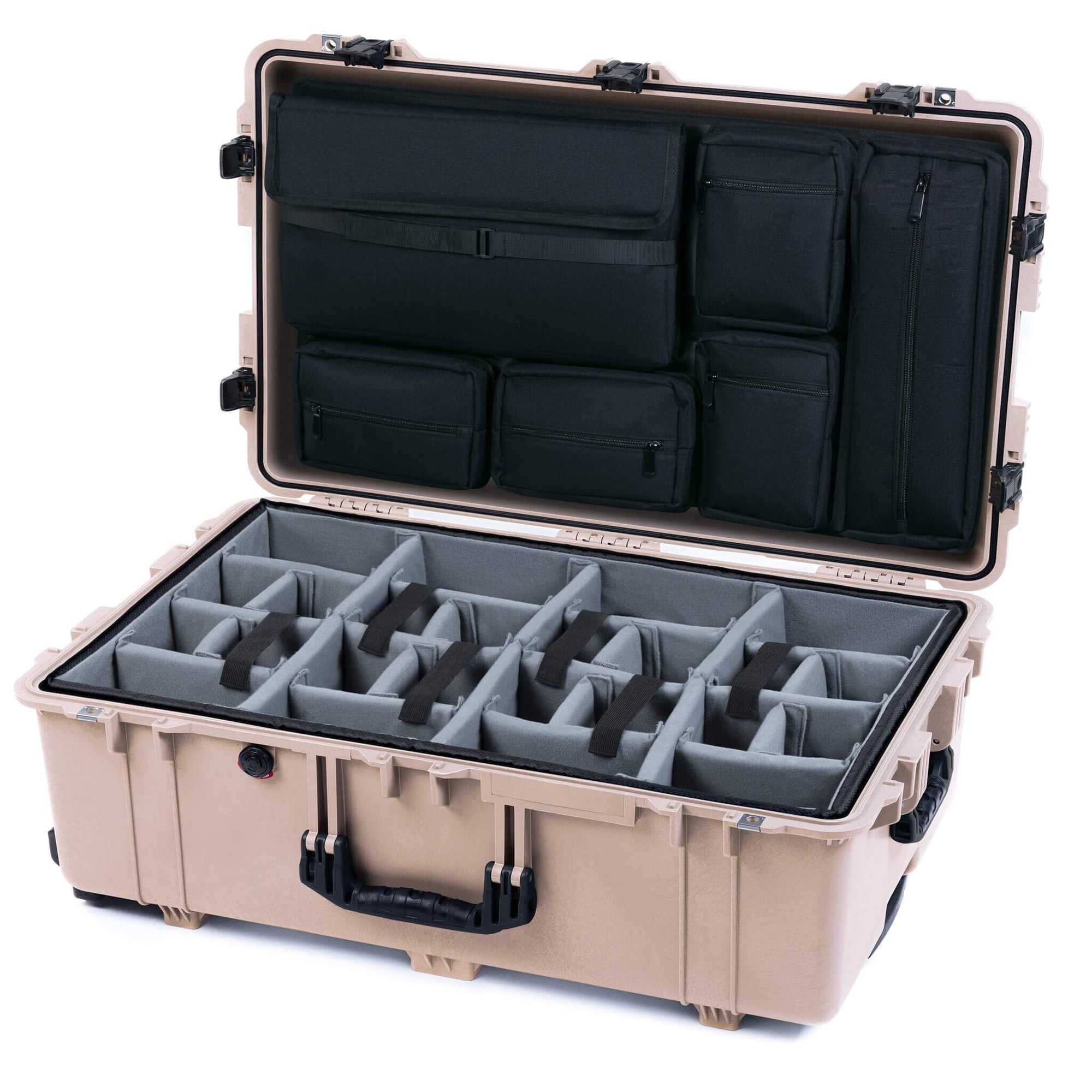 Pelican 1650 Case, Desert Tan with Black Handles & Push-Button Latches Gray Padded Microfiber Dividers with Laptop Computer Lid Pouch ColorCase 016500-0270-310-111