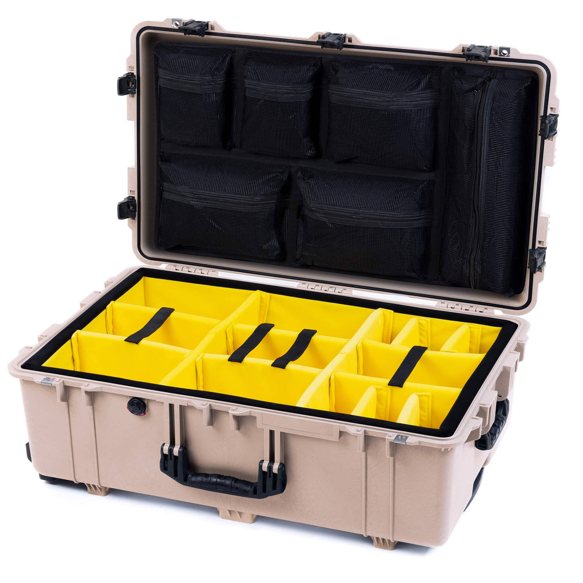 Pelican 1650 Case, Desert Tan with Black Handles &amp; Push-Button Latches Yellow Padded Microfiber Dividers with Mesh Lid Organizer ColorCase 016500-0110-310-111