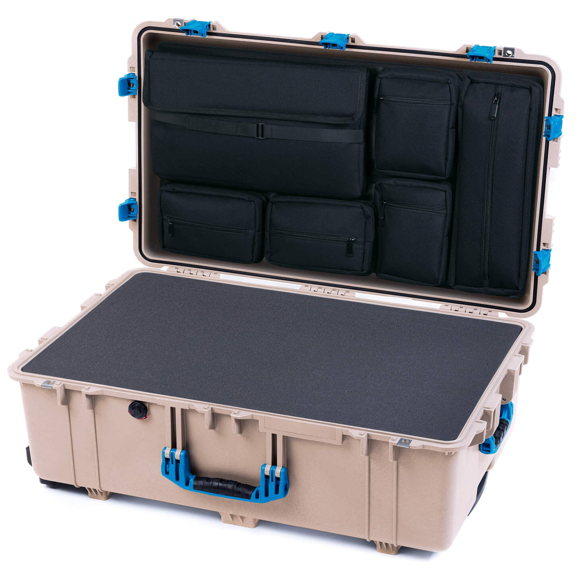 Pelican 1650 Case, Desert Tan with Blue Handles &amp; Push-Button Latches Pick &amp; Pluck Foam with Laptop Computer Lid Pouch ColorCase 016500-0201-310-121