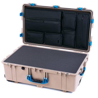 Pelican 1650 Case, Desert Tan with Blue Handles & Push-Button Latches Pick & Pluck Foam with Laptop Computer Lid Pouch ColorCase 016500-0201-310-121