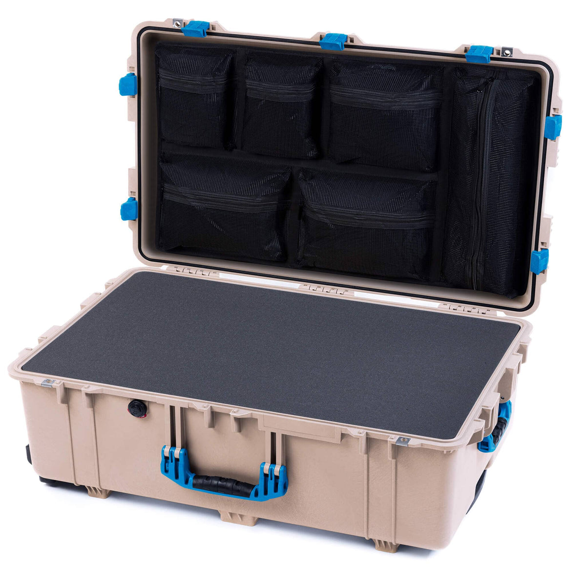 Pelican 1650 Case, Desert Tan with Blue Handles &amp; Latches Pick &amp; Pluck Foam with Mesh Lid Organizer ColorCase 016500-0101-310-120