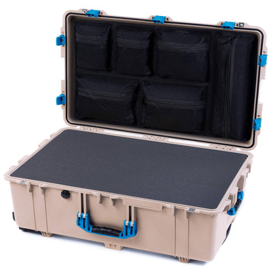 Pelican 1650 Case, Desert Tan with Blue Handles & Push-Button Latches Pick & Pluck Foam with Mesh Lid Organizer ColorCase 016500-0101-310-121
