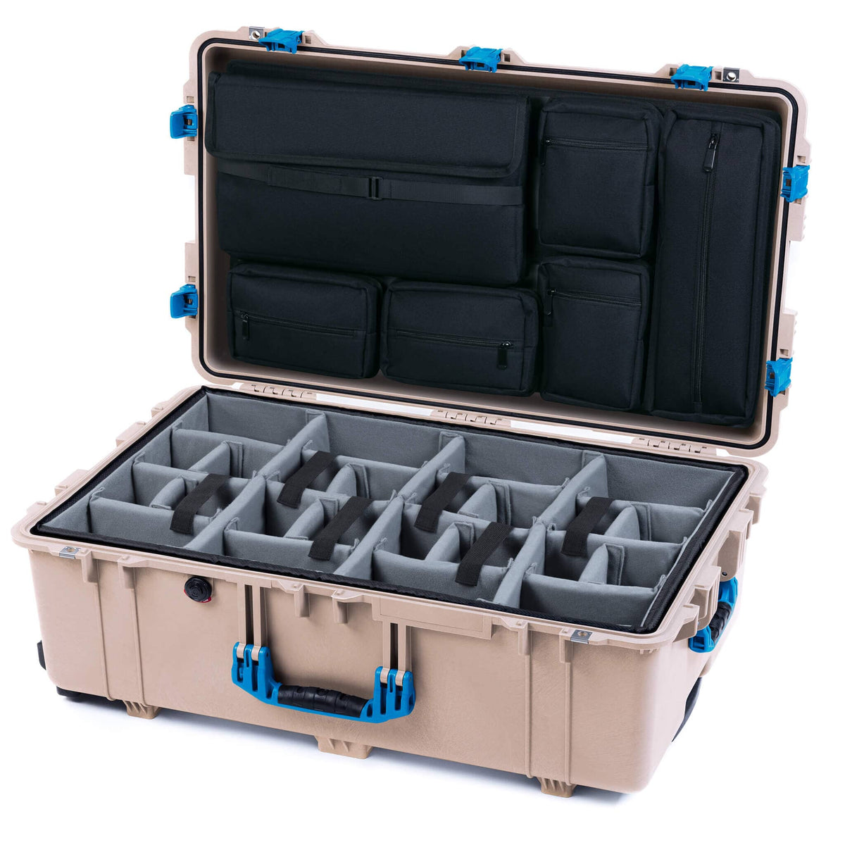 Pelican 1650 Case, Desert Tan with Blue Handles &amp; Push-Button Latches Gray Padded Microfiber Dividers with Laptop Computer Lid Pouch ColorCase 016500-0270-310-121