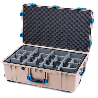 Pelican 1650 Case, Desert Tan with Blue Handles & Push-Button Latches Gray Padded Microfiber Dividers with Convoluted Lid Foam ColorCase 016500-0070-310-121
