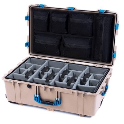 Pelican 1650 Case, Desert Tan with Blue Handles & Push-Button Latches Gray Padded Microfiber Dividers with Mesh Lid Organizer ColorCase 016500-0170-310-121
