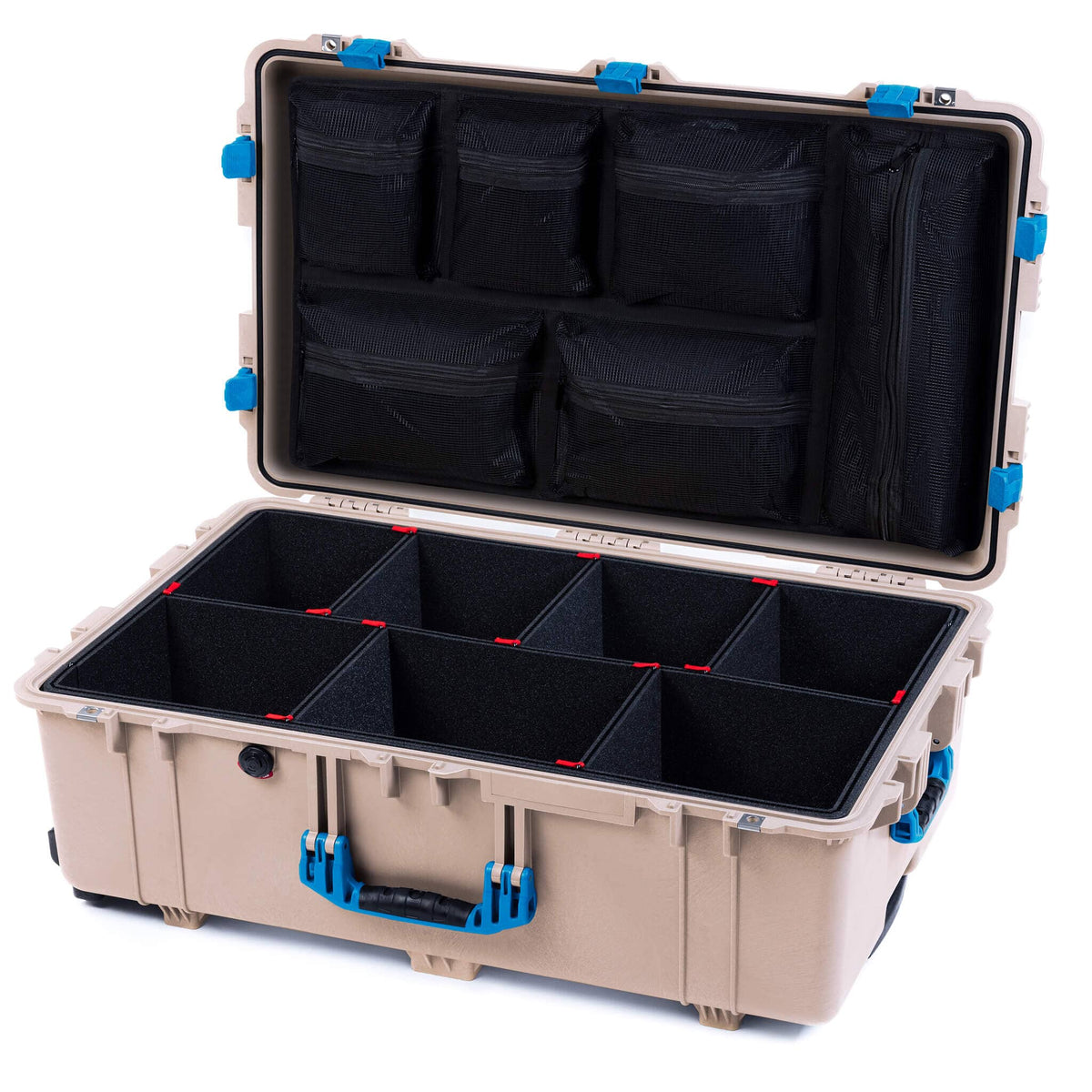 Pelican 1650 Case, Desert Tan with Blue Handles &amp; Latches TrekPak Divider System with Mesh Lid Organizer ColorCase 016500-0120-310-120