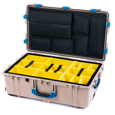 Pelican 1650 Case, Desert Tan with Blue Handles & Latches Yellow Padded Microfiber Dividers with Laptop Computer Lid Pouch ColorCase 016500-0210-310-120