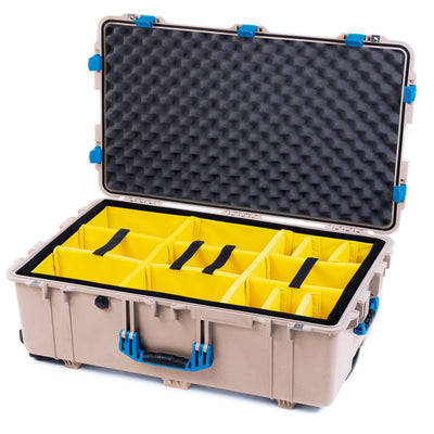 Pelican 1650 Case, Desert Tan with Blue Handles & Latches Yellow Padded Microfiber Dividers with Convoluted Lid Foam ColorCase 016500-0010-310-120
