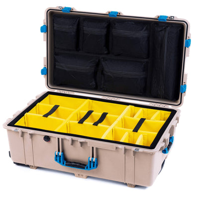 Pelican 1650 Case, Desert Tan with Blue Handles & Latches Yellow Padded Microfiber Dividers with Mesh Lid Organizer ColorCase 016500-0110-310-120