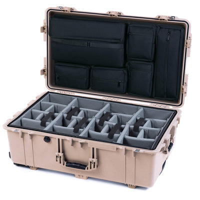Pelican 1650 Case, Desert Tan (Push-Button Latches) Gray Padded Microfiber Dividers with Laptop Computer Lid Pouch ColorCase 016500-0270-310-310