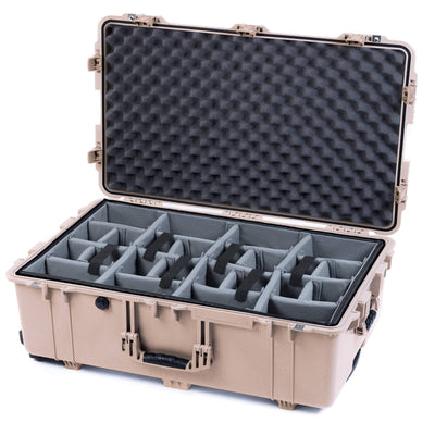 Pelican 1650 Case, Desert Tan (Push-Button Latches) Gray Padded Dividers with Convoluted Lid Foam ColorCase 016500-0070-310-310