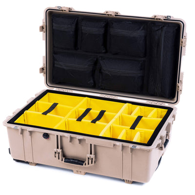 Pelican 1650 Case, Desert Tan (Push-Button Latches) Yellow Padded Microfiber Dividers with Mesh Lid Organizer ColorCase 016500-0110-310-310