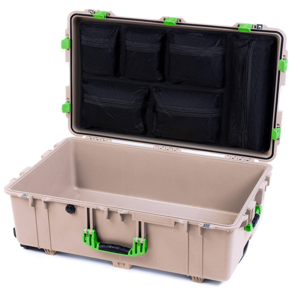 Pelican 1650 Case, Desert Tan with Lime Green Handles &amp; Latches Mesh Lid Organizer Only ColorCase 016500-0100-310-300