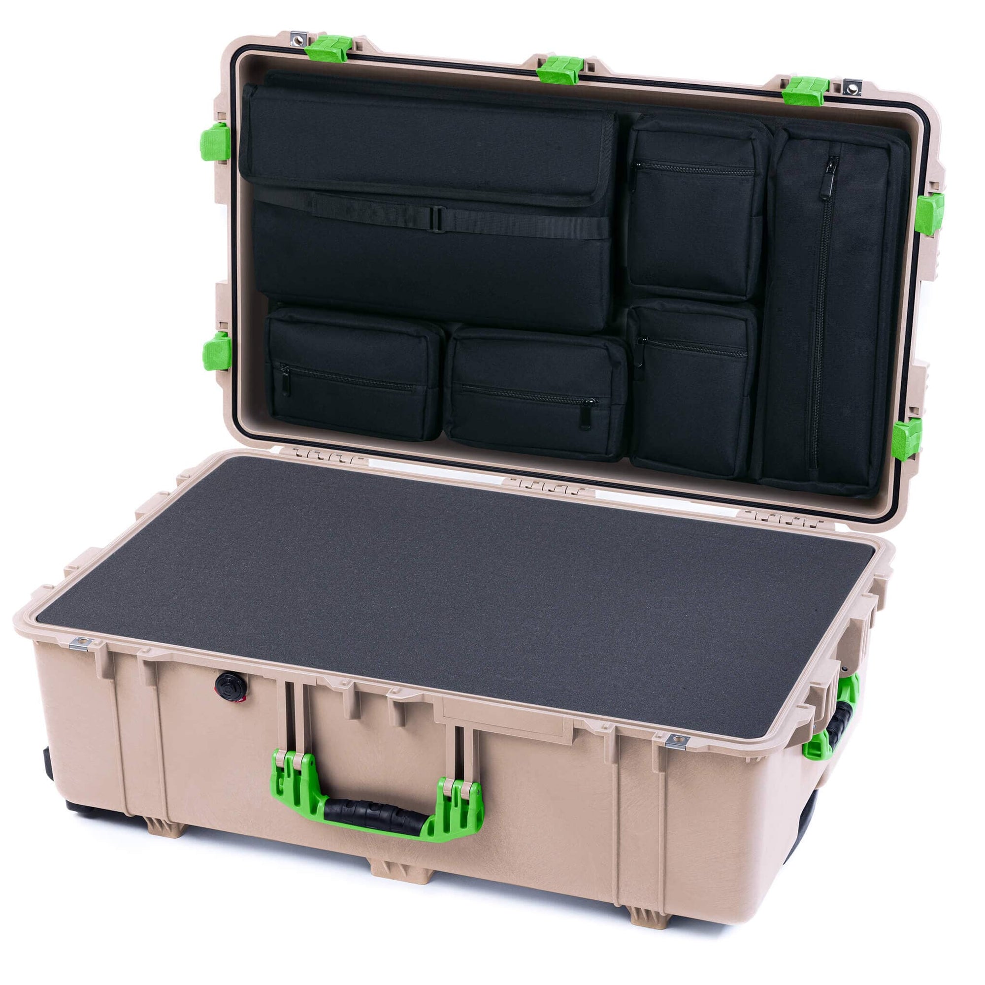 Pelican 1650 Case, Desert Tan with Lime Green Handles & Latches Pick & Pluck Foam with Laptop Computer Lid Pouch ColorCase 016500-0201-310-300