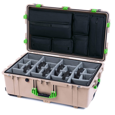 Pelican 1650 Case, Desert Tan with Lime Green Handles & Latches Gray Padded Microfiber Dividers with Laptop Computer Lid Pouch ColorCase 016500-0270-310-300