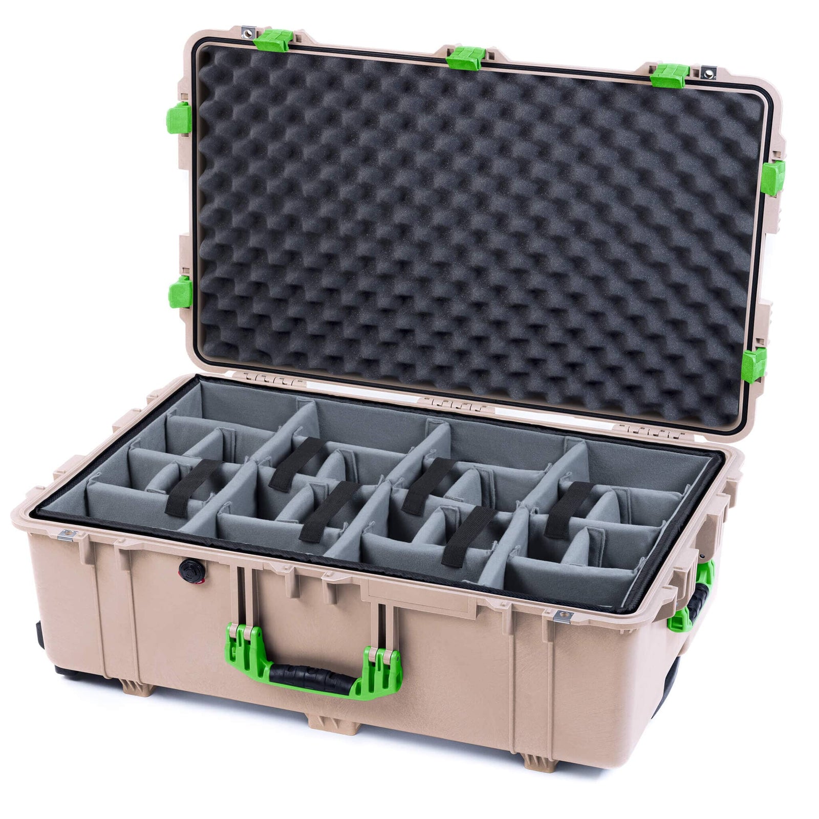 Pelican 1650 Case, Desert Tan with Lime Green Handles & Latches Gray Padded Microfiber Dividers with Convoluted Lid Foam ColorCase 016500-0070-310-300