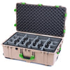 Pelican 1650 Case, Desert Tan with Lime Green Handles & Push-Button Latches Gray Padded Microfiber Dividers with Convoluted Lid Foam ColorCase 016500-0070-310-301