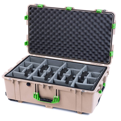 Pelican 1650 Case, Desert Tan with Lime Green Handles & Push-Button Latches Gray Padded Microfiber Dividers with Convoluted Lid Foam ColorCase 016500-0070-310-301