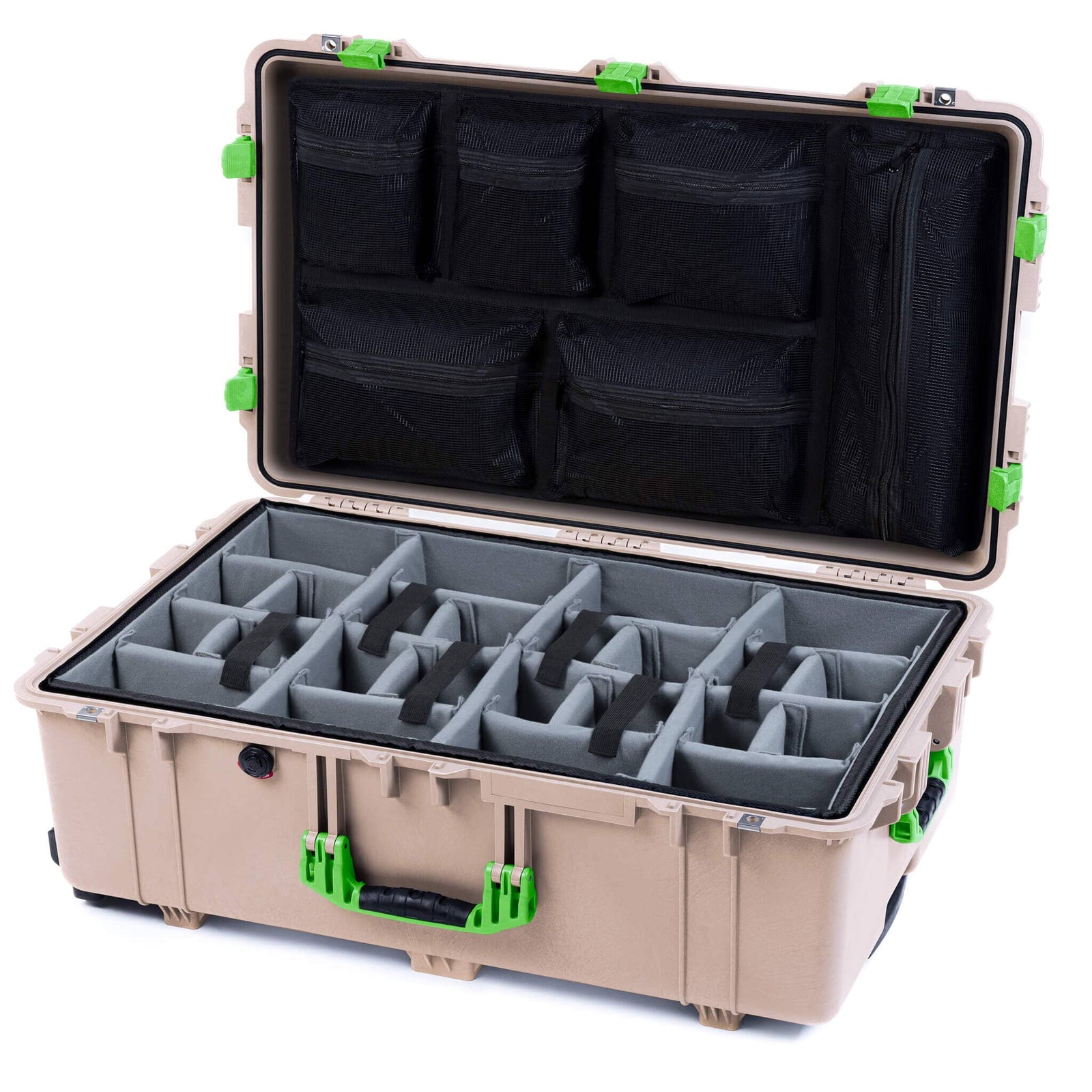 Pelican 1650 Case, Desert Tan with Lime Green Handles & Latches Gray Padded Microfiber Dividers with Mesh Lid Organizer ColorCase 016500-0170-310-300