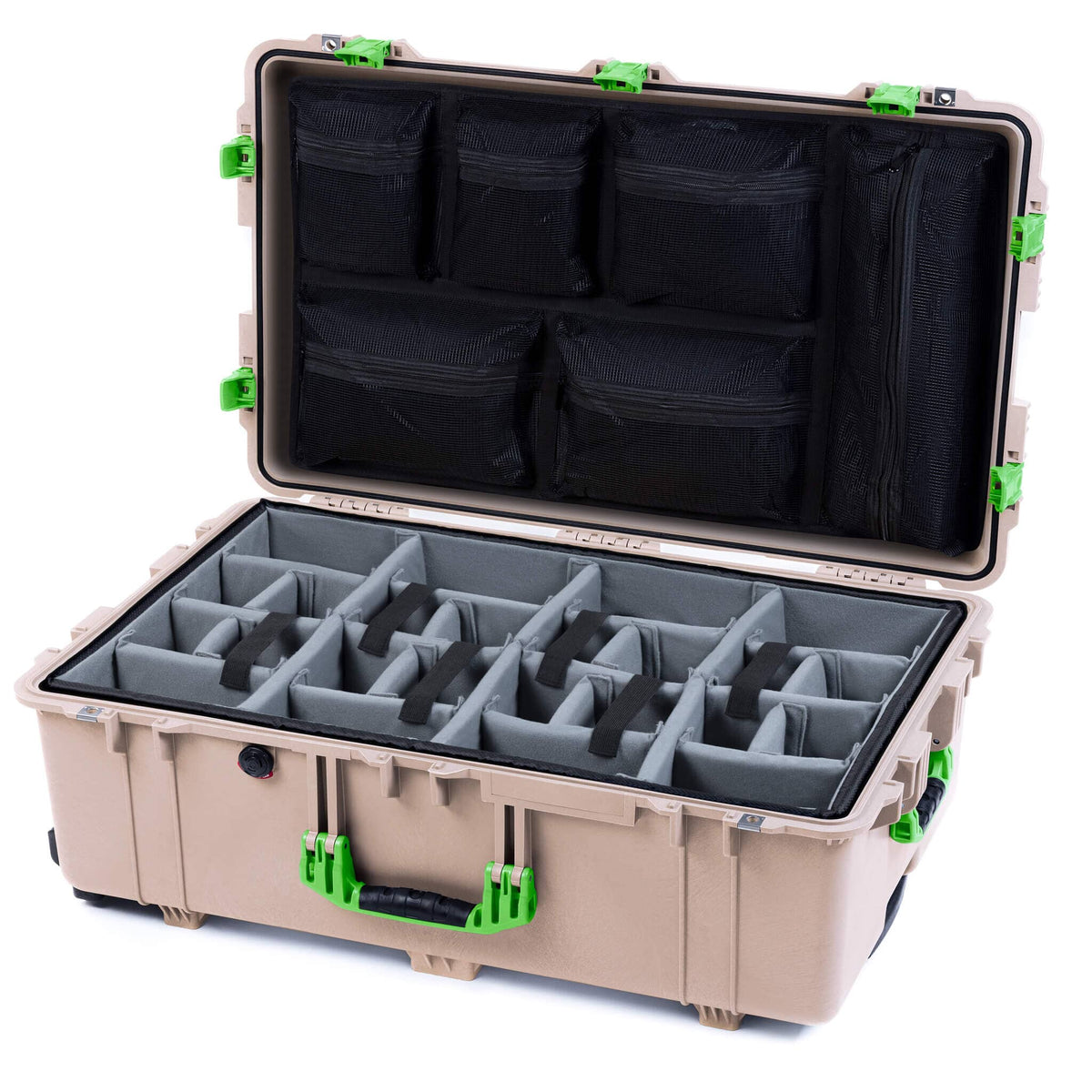 Pelican 1650 Case, Desert Tan with Lime Green Handles &amp; Push-Button Latches Gray Padded Microfiber Dividers with Mesh Lid Organizer ColorCase 016500-0170-310-301
