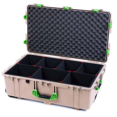Pelican 1650 Case, Desert Tan with Lime Green Handles & Push-Button Latches TrekPak Divider System with Convoluted Lid Foam ColorCase 016500-0020-310-301