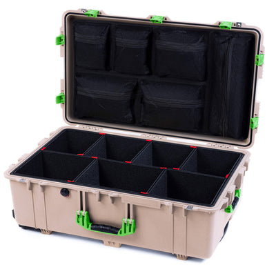 Pelican 1650 Case, Desert Tan with Lime Green Handles & Push-Button Latches TrekPak Divider System with Mesh Lid Organizer ColorCase 016500-0120-310-301