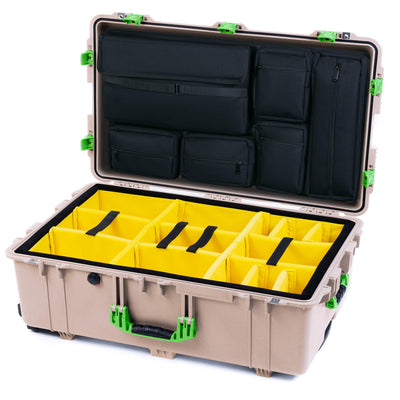 Pelican 1650 Case, Desert Tan with Lime Green Handles & Push-Button Latches Yellow Padded Microfiber Dividers with Laptop Computer Lid Pouch ColorCase 016500-0210-310-301