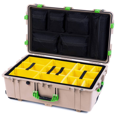 Pelican 1650 Case, Desert Tan with Lime Green Handles & Latches Yellow Padded Microfiber Dividers with Mesh Lid Organizer ColorCase 016500-0110-310-300