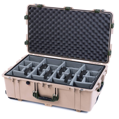 Pelican 1650 Case, Desert Tan with OD Green Handles & Latches Gray Padded Microfiber Dividers with Convoluted Lid Foam ColorCase 016500-0070-310-130