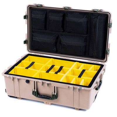 Pelican 1650 Case, Desert Tan with OD Green Handles & Push-Button Latches Yellow Padded Microfiber Dividers with Mesh Lid Organizer ColorCase 016500-0110-310-131