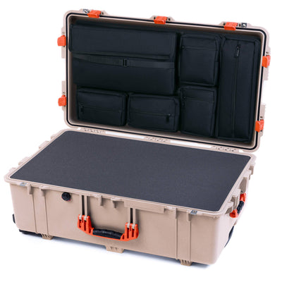 Pelican 1650 Case, Desert Tan with Orange Handles & Latches Pick & Pluck Foam with Laptop Computer Lid Pouch ColorCase 016500-0201-310-150