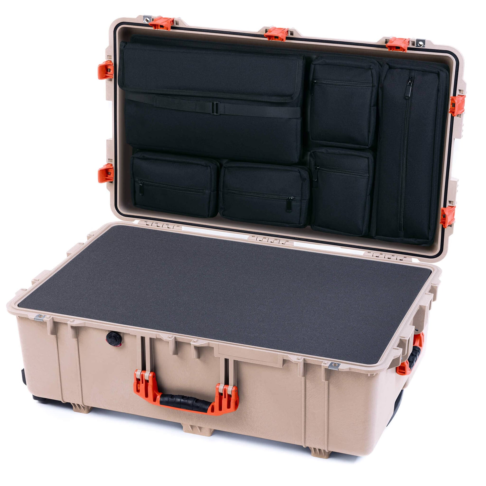 Pelican 1650 Case, Desert Tan with Orange Handles & Push-Button Latches Pick & Pluck Foam with Laptop Computer Lid Pouch ColorCase 016500-0201-310-151