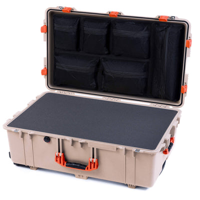 Pelican 1650 Case, Desert Tan with Orange Handles & Latches Pick & Pluck Foam with Mesh Lid Organizer ColorCase 016500-0101-310-150