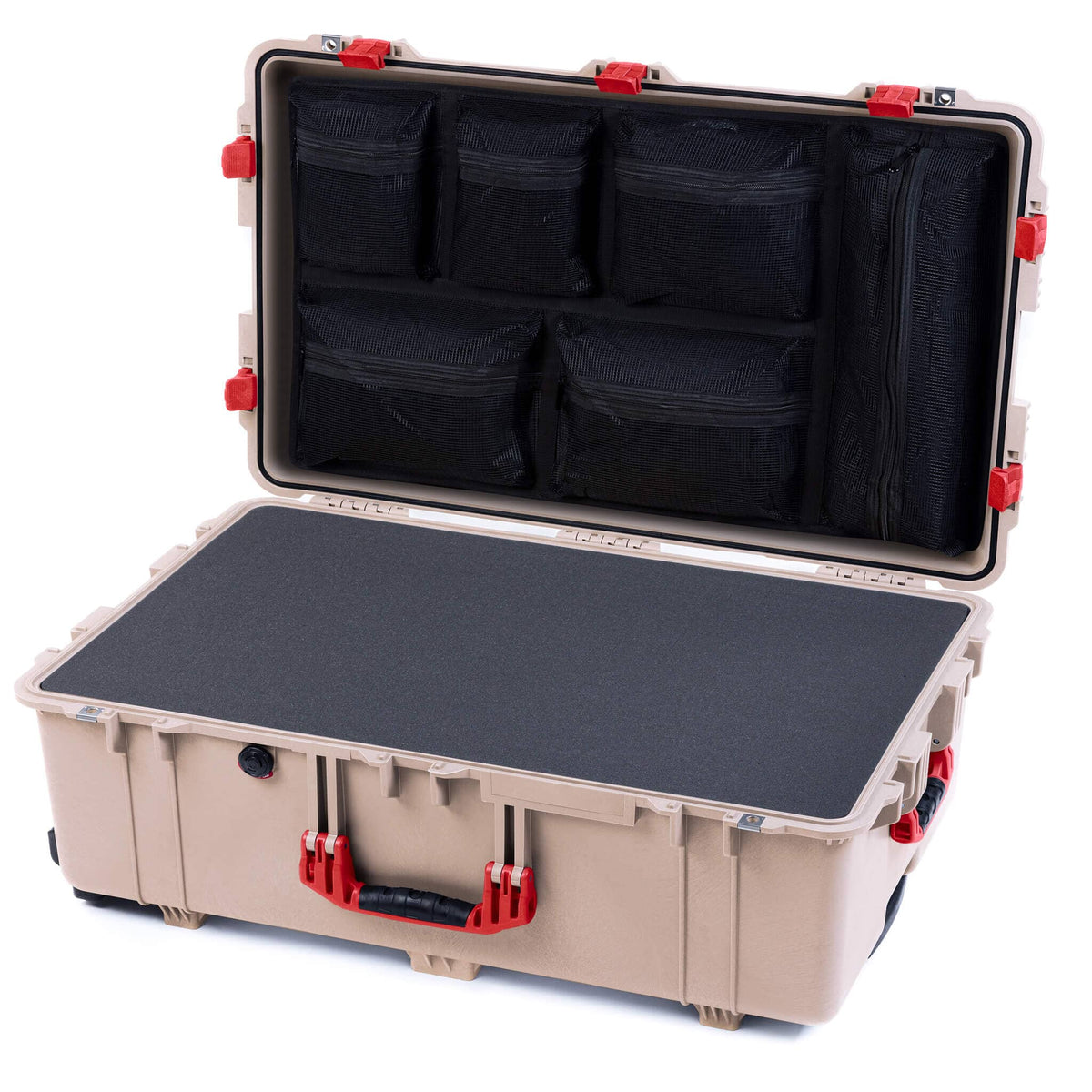 Pelican 1650 Case, Desert Tan with Red Handles &amp; Latches Pick &amp; Pluck Foam with Mesh Lid Organizer ColorCase 016500-0101-310-320