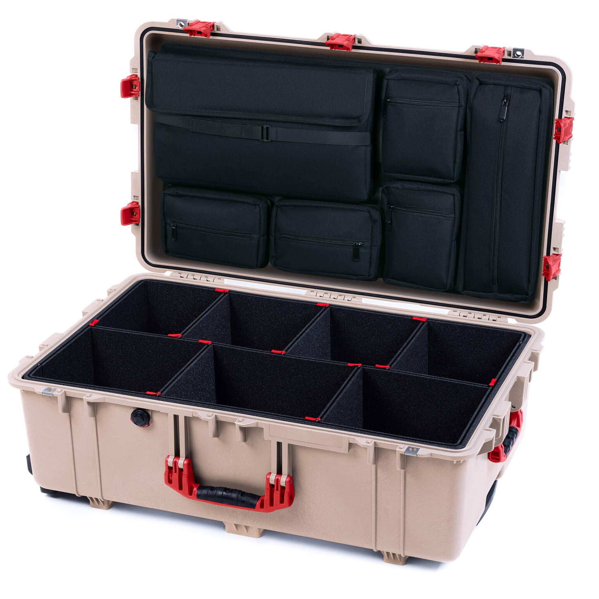 Pelican 1650 Case, Desert Tan with Red Handles & Push-Button Latches TrekPak Divider System with Laptop Computer Pouch ColorCase 016500-0220-310-321
